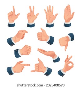 Human hands office gestures set corporate businessman pointing finger ok sign showing confidence agreement disagreement vector illustration