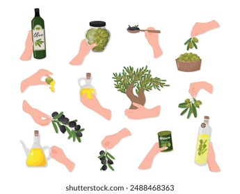 Human hands with olive plant food and meal product set isometric vector illustration. Man and woman arms holding and carrying olives berry oil branch canned jar bottle jug and natural tree for cooking