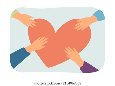 Human hands on big heart flat vector illustration. People taking care of each other. Love, support, assistance concept for banner, website design or landing web page