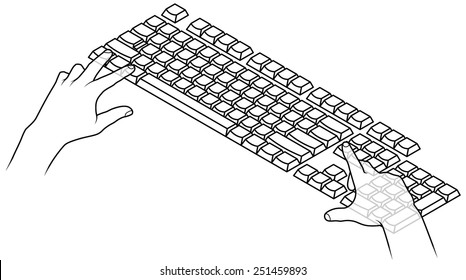 Human hands on a computer keyboard pressing a combination of keys: Alt-Ctrl-Del 