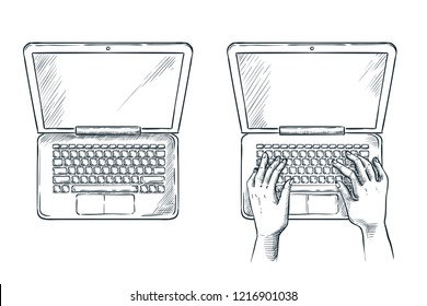 Human hands on laptop keypad, vector sketch illustration. Top view computer empty screen. Freelance job, programming and development concept.