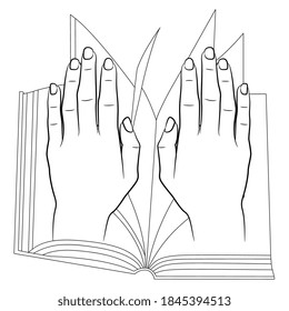 Human hands on top of open book pages. Black and white linear silhouette. Creative educational or religious concept.
