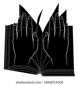 Human hands on top of open book pages. Black and white silhouette. Creative educational or religious concept.