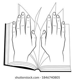 Manos humanas encima de las páginas de libros abiertos. Silueta lineal blanca y negra. Concepto creativo educativo o religioso.