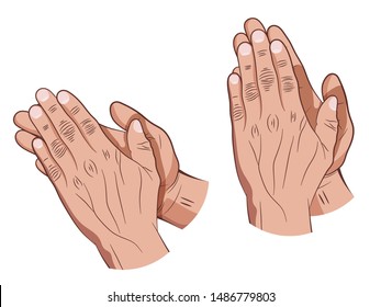 Human hands on a white background folded for prayer or applause. Vector illustration of hand drawing.
