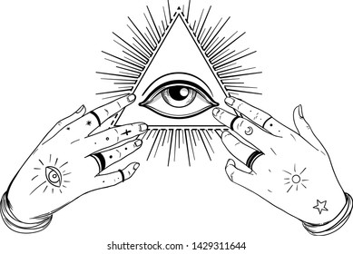 Human hands open around masonic symbol all seeing eye over sacred heart and pyramid. New World Order. Alchemy, religion, spirituality, occultism. Color vector illustration in vintage style isolated.