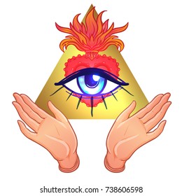 Human hands open around masonic symbol all seeing eye over sacred heart and pyramid. New World Order. Alchemy, religion, spirituality, occultism. Color vector illustration in vintage style isolated.