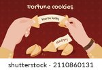 Human hands open cracked fortune cookies letter with happy lucky congrats vector flat illustration. Eating sweet baking treat with paper writing advice surprise message. Delicious biscuit