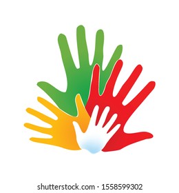 Human hands, Open Palms. International Community Concept Logotype Template. Friendship of Peoples from Multi-colored Hands on a white Background