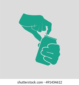 Human hands opening aluminum can icon. Gray background with green. Vector illustration.
