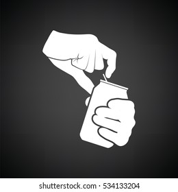 Human hands opening aluminum can icon. Black background with white. Vector illustration.