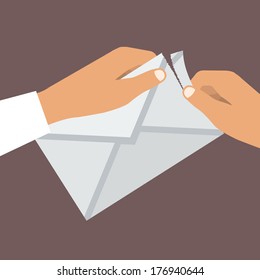 Human Hands Opens Envelope. Flat style. Vector illustration