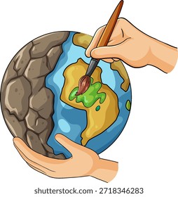 Human hands paint green land on stylized Earth globe, symbolizing environmental restoration and creativity
