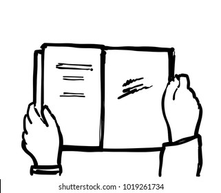 Human hands with paper book. Sketch