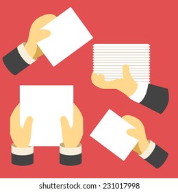 Human hands with paper. Creative design vector flat concept illustration. Isolated on red background.
