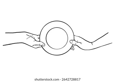 Human hands passing a plate to each other. Line vector illustration. Cooking gestures, food outline drawing for culinary class design etc.