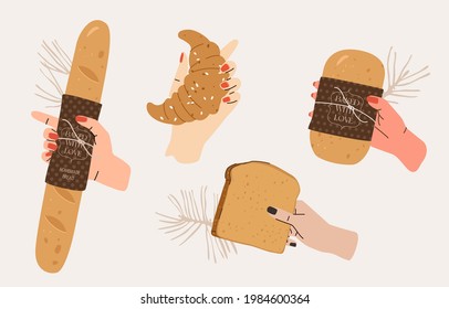 Human Hands With Pastry illustration set. Different hands with various sorts of bread: baguette, croissant, toast, loaf. Flat vector design in comic style.