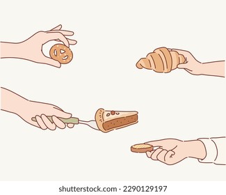 Human Hands With Pastry illustration set. Different hands with various sorts of bread: pie, croissant, cookie, pretzel. Hand drawn style vector design illustrations.