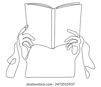 manos humanas de la persona que lee el libro una línea que dibuja ilustración mínima continua