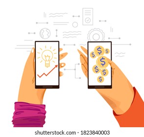 Manos humanas con teléfono - gráficos e ideas para ganar dinero en línea, infografías de negocios sobre dinero y ganancias con trabajo en línea en un smartphone. Haciendo dinero en línea concepto de vectores planos.