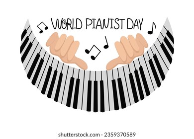  Human hands, pianist. Piano keys, musical instrument. World Piano Day. Day of music. Play the piano. Musical performance, notes and signs. Vector illustration.