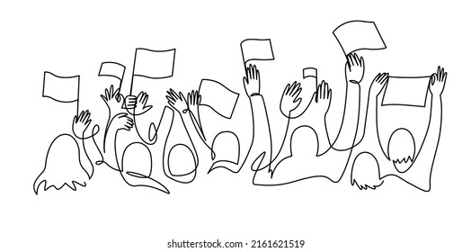 Human hands with placard banner flag protest rally revolution minimalist continuous line vector