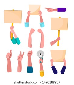 Human hands and placard set. Picket, megaphone, arms. Demonstration concept. Vector illustrations can be used for topics like protest, social problems, strike, propaganda