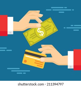 Human hands with plastic card and dollar money sign - exchange concept - business trend illustration in flat design style for presentation, booklet, web site etc. Creative banner. 