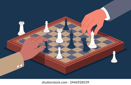 Human hands playing chess. Business strategy, beat opponent, pawns and rooks, officers, king, chess pieces and a board. Chessboard cartoon flat style isolated nowaday vector concept