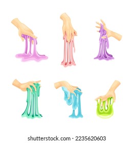 Human hands playing colorful slime set. Sticky bright liquid hand gum, sticky dripping mucus cartoon vector illustration