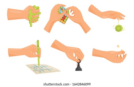 Human Hands Playing Different Games Like Hungarian Cube and Chess Vector Set
