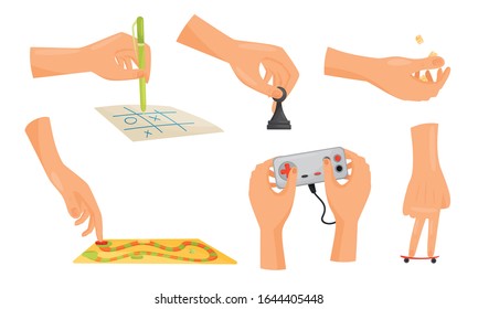 menschliche Hände spielen verschiedene Spiele wie Oughts und Crosses und Schach-Vektorillustration Set