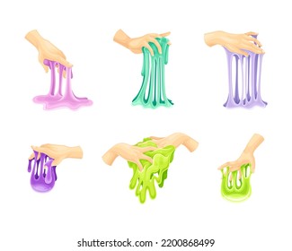 Human Hands Playing With Sticky Liquid Hand Gum Set. Slimy Toy For Kids Cartoon Vector Illustration