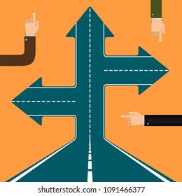 Human hands point the finger the direction. Arrows on the road. Stock vector illustration.