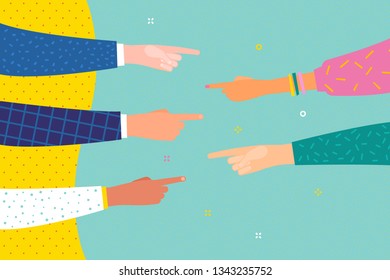 Human hands point finger to each other. Several human hands with pointing finger. Flat design, business vector illustration.