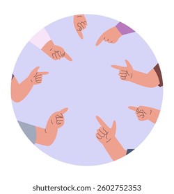 Human hands pointing in empty center. Circle banner with people arms, point on something. Template for ad, education medical poster, vector element