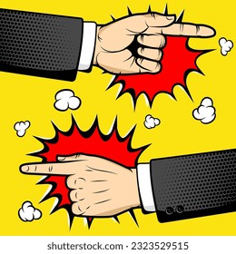 Human hands with pointing fingers in pop art style. Vector illustration. Pop art style illustration. Design element in vector.