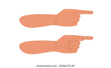 Human hands points way with finger, forefinger. Pointer to right. Pointing Hand Gesture. Flat vector illustration isolated on white background. Template, banner, poster. One finger showing way