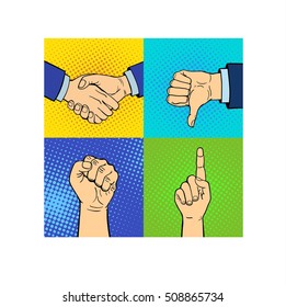 Human hands popart style different pose emotions and signal human fingers
