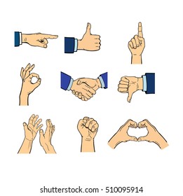 Human hands popart style different pose emotions and signal human fingers