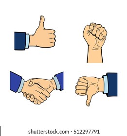 Human hands popart style different pose emotions and signal human fingers
