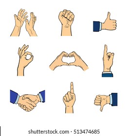 Human hands popart style different pose emotions and signal human fingers