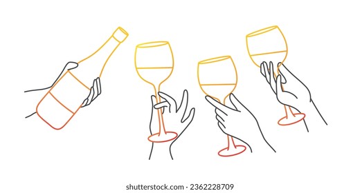 Human hands pouring champagne. Bottle of wine and glasses. Party time. Hand drawn vector illustration.