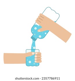 Human hands pouring water from plastic bottle  into glass. Clean water