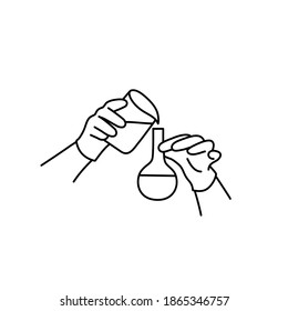 Human hands pours liquid from one flask in another. Hand drawn vector illustration.