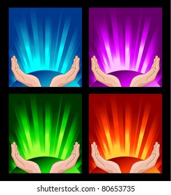 human hands praying on shining colorful background