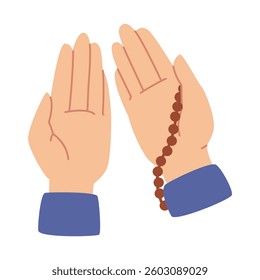 Human hands praying with prayer beads flat vector illustration isolated on white.