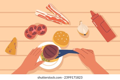 Human Hands Preparing Delicious Burger From A Top-down Perspective, Showcasing Process Of Assembling Hamburger