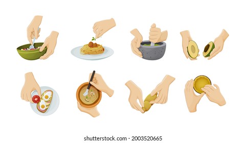 Human Hands Preparing Food. Cooking Utensils With Soup, Eggs, Vegetable Salad In Bowl, Toast With Scrambled Eggs, Pounds Spices, Noodles. Hands Holding Cutlery Cooking Utensils Cartoon Vector