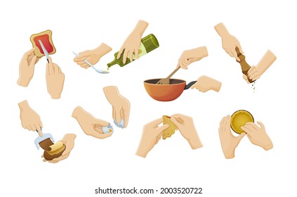 Human Hands Preparing Food. Cooking Utensils With Soup, Eggs, Pours Butter, Sculpts Dough, Peels Potatoes, Spreads Jam And Sprinkle Spices. Hands Holding Cutlery Cooking Utensils Cartoon Vector